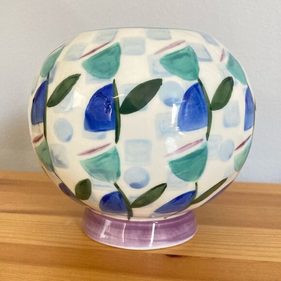 Anthropologie Vase Hand Painted Abstract Floral Blue Purple Green - Picture 1 of 8